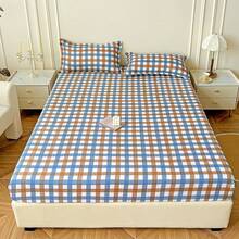 三件套床上用品，蓝咖啡条纹图案，柔软舒适，包含1个床笠和2个枕套，不含枕芯，适合宿舍、卧室使用，多种尺寸可选 - 藍卡色 - 查看 2