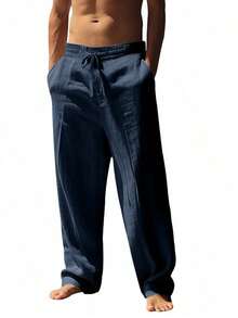 Men's Breathable Linen Loose Casual Sports Pants, Suitable Beach, Spring/Summer - 藏蓝色 - 查看 6