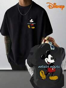 Disney Men's T-Shirt With MickeyMouse Cartoon Pattern Printed On The Front And Back,Fashionable, Soft And Comfortable Cotton T-Shirt,Retro Street Feel - Black - View 1