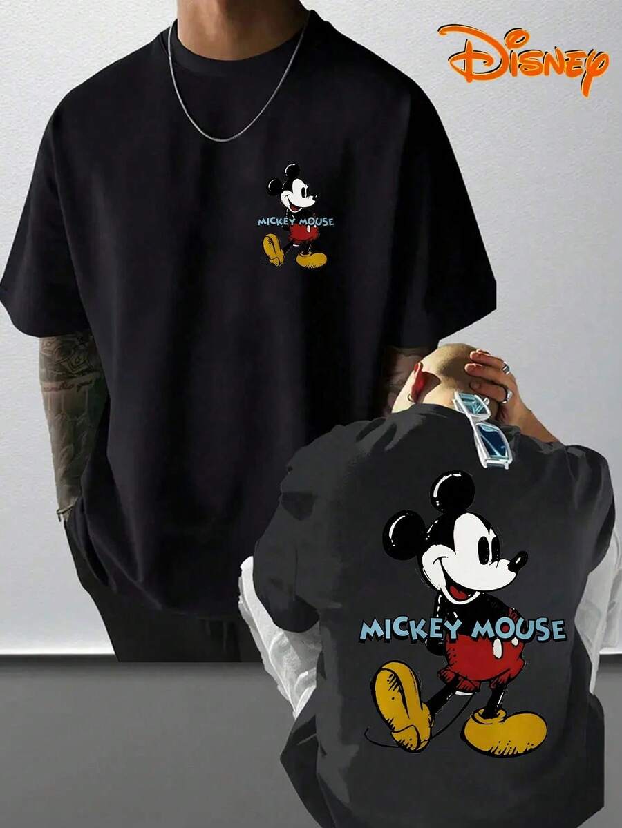 Disney Men's T-Shirt With MickeyMouse Cartoon Pattern Printed On The Front And Back,Fashionable, Soft And Comfortable Cotton T-Shirt,Retro Street Feel - Black - View 1