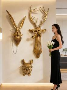 1件復古金色樹脂動物牆飾 - 紳士風格兔子與鹿頭雕塑，配有眼鏡、煙斗和領結裝飾，適合客廳、玄關和書房牆面裝飾，增添復古奢華氛圍，成為吸睛的牆面藝術品 - 彩色 - 查看 1