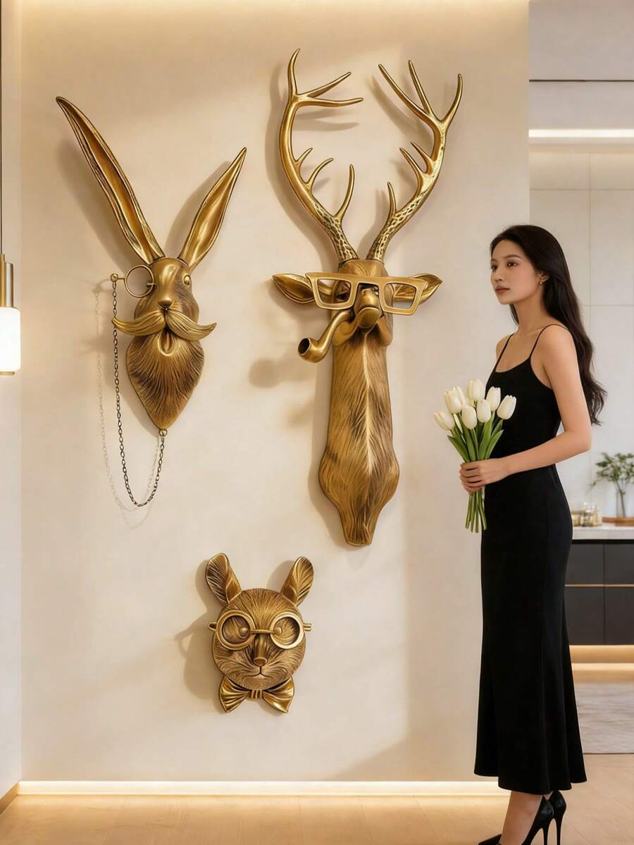 1件復古金色樹脂動物牆飾 - 紳士風格兔子與鹿頭雕塑,配有眼鏡、煙斗和領結裝飾,適合客廳、玄關和書房牆面裝飾,增添復古奢華氛圍,成為吸睛的牆面藝術品 - 彩色 - 查看 1