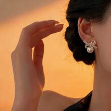 1 Đôi bông tai bạc S925 thiết kế nơ ren đính đá Cubic Zirconia, món quà trang sức thanh lịch dành cho phái nữ. - Bạc - Xem 2