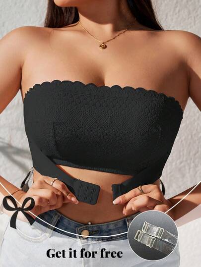 mimilemon Plus Size Women Black Lace Strapless Bandeau Wireless Bra - Convertible Straps, Breathable & Comfortable Lift