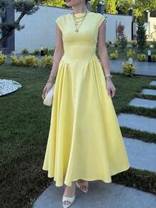 PoPoHouse Elegant Maxi Dress Sexy Backless Cap Sleeve Pleated Dress Summer Elegant Casual Vacation Wedding Guest Outfit Yellow Dress For Women - Yellow - View 5
