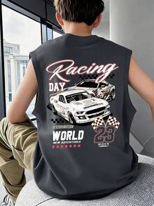 Teen Boys' Sleeveless Tank Top, Vintage Racing Car & Number 23 Print, "Racing DAY" Slogan Accent, Casual Loose Fit Vest, For Back To School, Street Style, Daily Leisure - Dark Grey - View 8