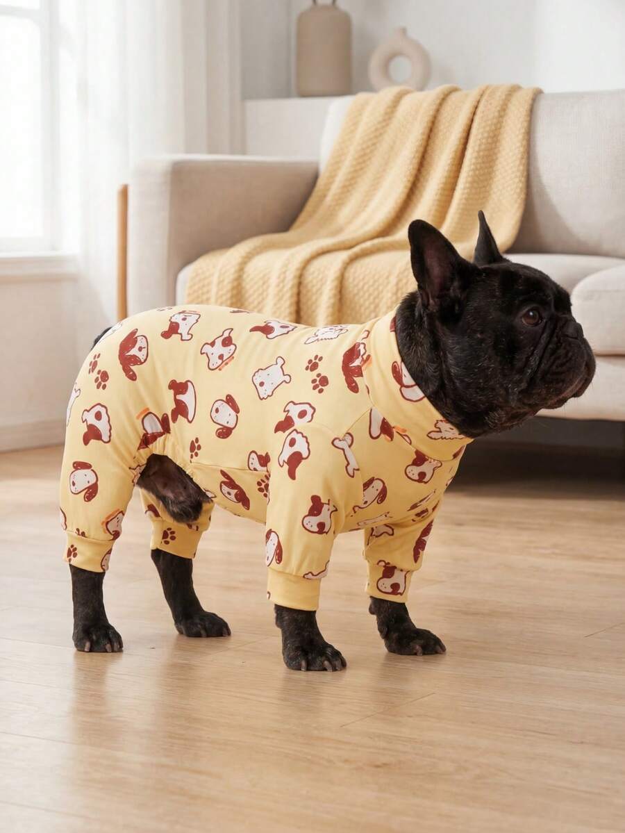狗狗夏季防掉毛睡衣 - 透气高弹全包覆宠物连体衣，夏季防舔舐防虫连体衣，适合中大型犬，全身印花狗狗服装 - 可爱狗狗和爪印图案 - 彩色 - 查看 1