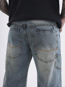 Baggy Carpenter Jeans Men's Wide Leg Pants Without Lycra Ref: 3019 - 中等水洗藍 - 查看 9