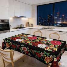 Mexican Floral Tablecloth Waterproof and Wrinkle-Free Boho Dining Table Cover with Scalloped Pom-Pom Edge Vibrant Folk Art Embroidery Design for Outdoor Patio Party Rectangular-140*180CM - Rectangular 140 x 180 cm - Ver 2