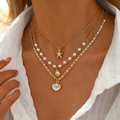 3pcs Summer Bohemian Style Multi-Color Faux Pearl Multi-Layer Necklace Set With Shell Pendant, Suitable For Beach, Travel, Daily Decoration, Outfit Matching, Dating, Party, Holiday Gift For Women