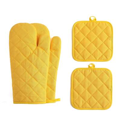 4 件套烤箱手套和耐热手套，耐热温度高达 500°F，加厚加长，棉质，适用于厨房（黄色、黑色、灰色）