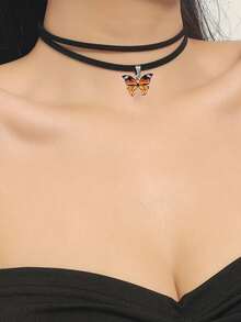 1pc Women's Retro Gothic Choker Necklace With Double-Layer Butterfly Pendant, Fashion Clavicle Chain Collar - Multicolor - View 2