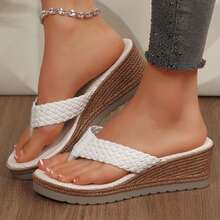 Womens Wedges Heels Braided Thong Flats Sandals Lightweight Summer Beach Walking Travel Outdoor Platform Sandals Shoes - 白色 - 查看 8