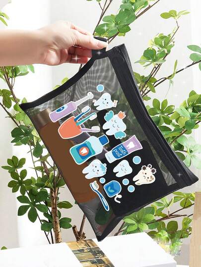 Cute Cartoon Toothbrush Travel Bag - Mesh Makeup Pouch, Portable Dental Care Organizer, Transparent Mesh Cosmetic Bag, Travel Toiletry Bag For Toothpaste, Mouthwash, And Small Essentials, Lightweight Zipper Pouch For Travel, School, And Daily Use,Breathable Mesh Toiletry Organizer, Travel Size Dental Kit Bag, Gift For Dental Hygienists