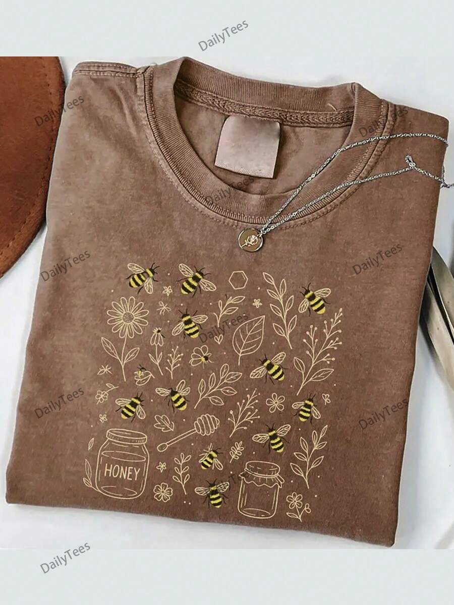 COMMERCE 1PC Men'S 230g Washable Honey Pot Print Batik T-Shirt - Retro Bee & Honeycomb Design, Lightweight All-Season Casual Round Neck Tee For Beach & Casual Attire Mens Clothes Summer Tops - 咖啡色 - 查看 1