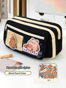6pcs/Set Capybara Stationery Set, Including Capybara Pencil Case, 5pcs Stickers, Cute Capybara Pencil Bag, Multi-Layer Capybara Pencil Bag, Capybara Brooch Bag, For Organizing School Supplies, Pens, Rulers, Girls And Kids Pencil Case (5pcs Random Stickers) - Multicolor - View 4