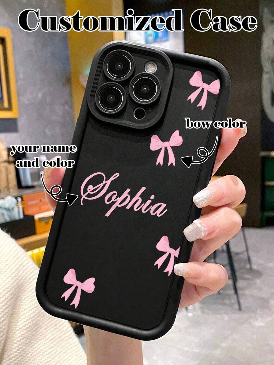 Customized Bowknot Color Name Phone Case, Fashionable Personalized Thick Shockproof Phone Protective Cover, Exclusive Design For IPhone XR, 11, 13, 15, 16, 17 Pro Max - Multicolor - View 1