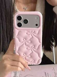 Ốp lưng điện thoại bảo vệ chống rơi vỡ, họa tiết nơ 3D dập nổi cho iPhone 17 Pro Max/16/14/15 Pro Max/13. - Hồng - Xem 1