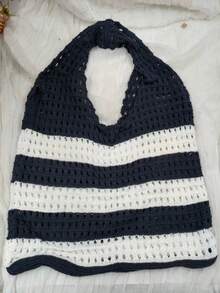 1件欧美撞色提花手提包，简约时尚女士单肩包，大容量针织包 - 彩色 - 查看 8