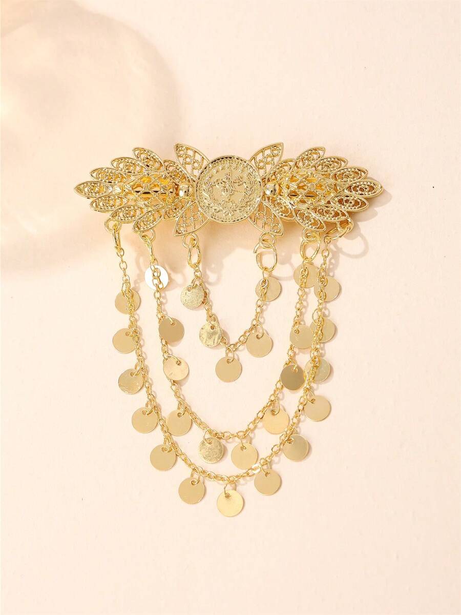 1pc Butterfly Shaped Hair Clip For Women, Multi-Layer Tassel Design, Middle Eastern Wedding Headpiece, Hair Barrette, Party & Festival Accessory - Gold - View 1