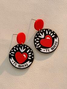 一对可爱波西米亚风心形涂鸦黑色圆形亚克力吊坠耳环，送给女性的礼物，适合音乐节、节日派对等场合 - 黑色 - 查看 2