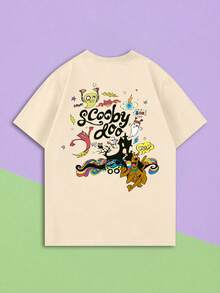 Whysmera SHEIN X SCOOBY-DOO Loose Short Sleeve T-Shirt, Fun Cartoon Dog Letter & Paw Print Combo Print, American Retro Commemorative Style - Apricot - View 3