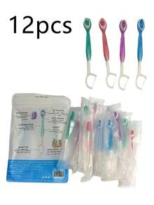 12/4pcs Disposable Personal Pre-Coated Toothbrush Set, Mini Travel Toothbrush, 5-In-1 Pre-Packaged Mini Toothbrush, Dental Floss, Toothpick, Tongue Cleaner - Multicolor - View 12