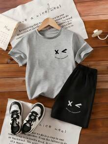 Tween Boy Cartoon Print Round Neck Short Sleeve T-Shirt And Shorts Set - Grey - View 2