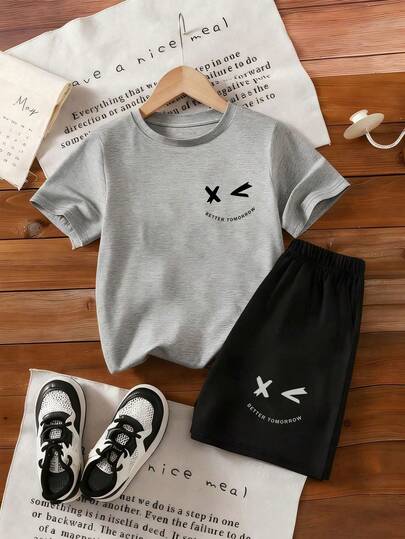 Tween Boy Cartoon Print Round Neck Short Sleeve T-Shirt And Shorts Set