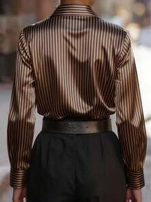Women's New Bestselling Elegant Commuter Shirt, Brown Striped Design - Comfortable, Casual, Minimalist, Suitable For Office Wear Spring - Brown - View 4