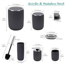 Bathroom Accessories Set Complete: 8pc Bathroom Accessory Set with Trash Can 2pc for Floor/Counter Toilet Brush Soap Dispenser Toothbrush Holder Adhesive Hook Grey Modern Bathroom Set - Gris oscuro - Ver 3