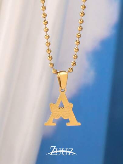 1pc Simple Stainless Steel 26 A-Z Butterfly Initial Letter Charm Necklace Alphabet Pendant Ball Chain Necklace For Women Jewelry Birthday Valentine's Day Gifts Suitable Daily Wear