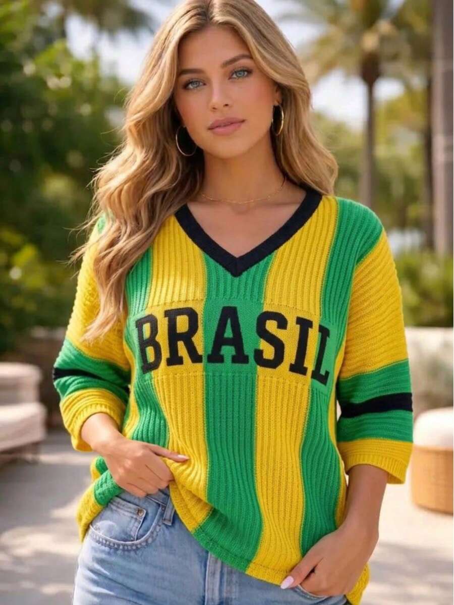 Green And Yellow V-Neck Knit Blouse - Brazil Launch - 2026 World Cup - 綠色 - 查看 1