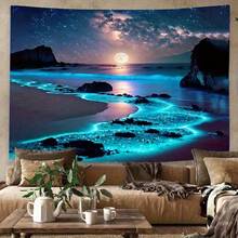 迷人的蓝色海洋与月光：星空海滩夜景挂毯，以满月和蔚蓝海浪为主题，现代布艺挂毯海报，卧室美学装饰，房间旗帜，房间装饰，挂毯，墙面装饰，墙面艺术，家居装饰，房间用品，房间旗帜，挂毯 - 1PC - 查看 1