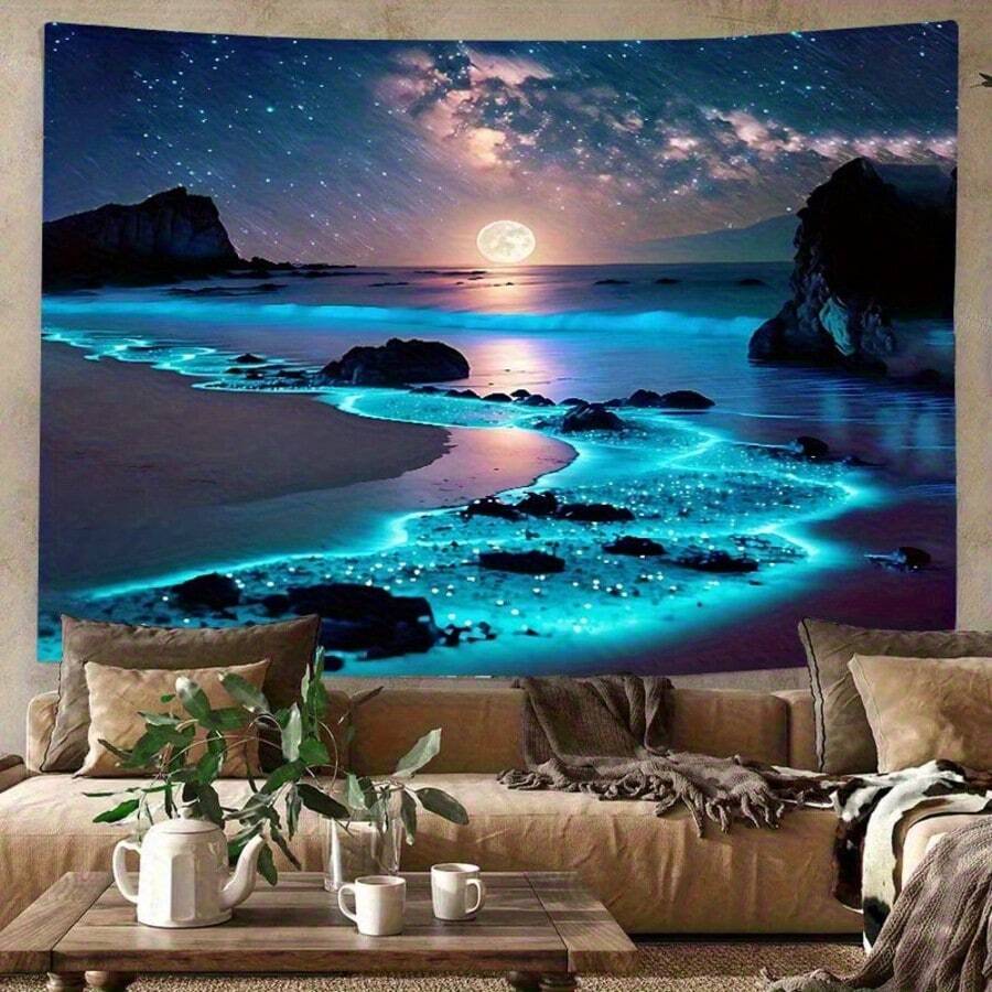 迷人的蓝色海洋与月光：星空海滩夜景挂毯，以满月和蔚蓝海浪为主题，现代布艺挂毯海报，卧室美学装饰，房间旗帜，房间装饰，挂毯，墙面装饰，墙面艺术，家居装饰，房间用品，房间旗帜，挂毯 - 1PC - 查看 1