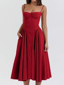Strappy Dresses For Women, Long Fitted Dresses With A Defined Waist. - Red - View 2