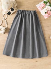 Girl's Casual Minimalist Front Button A-Line Denim Maxi Skirt, Suitable For Outings And Gatherings, All Seasons - Grey - View 3