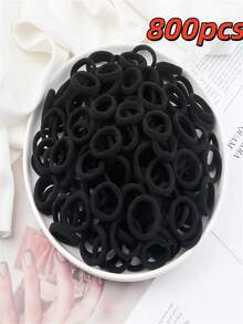 10/50/100/200/400/800入/組 女款小號橡皮筋髮圈 黑色拇指環 黑色彩色咖啡色高彈力髮繩 - 純黑色 - 查看 11