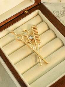 Korean Style Barber Brooch, Rhinestone Embellished Tailor Scissors & Comb Lapel Pin, Unisex Suit Accessory - Multicolor - View 9