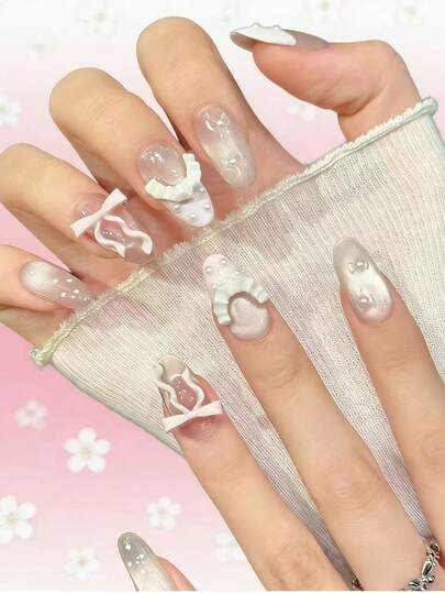 Elegant Nude Pink Cat Eye 10-Piece Handmade Press On Nails – Luxury Fake Nails Featuring Hand-Painted Ruffled & Bow Details, Shimmering Cat Eye Finish, And Delicate Pearl Embellishments – Reusable Nail Art For Women, Salon-Quality Manicure With Easy Application & Long-Lasting Wear – Perfect For Daily Wear, Date Night, Or Special Occasions – Comfortable Fit, Nail-Friendly Design