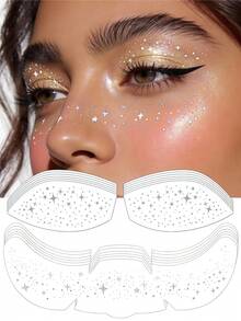 12 piezas de tatuajes temporales de purpurina plateada para pecas, pegatinas de tatuaje de sombra de ojos con purpurina, tatuajes de pecas brillantes de estrellas, adecuados para Pascua, festivales de música, citas, fiestas de verano, carnavales - Plateado - Ver 11
