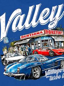 Valley Rentiana Roastery Vintage Vibes Classic Cars Retro Scene Blue And Red Sports Cars Urban Street Art Style Print, 100% Cotton T-Shirt, Y2K, Hip Hop Street Style, Digital Printing, Perfect Gift - 藍色 - 查看 3