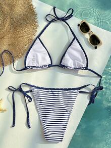 Women's Swimwear Bikini, Casual Patterned Striped Polka Dot Beach Outfit, Brown Fashionable Outerwear/Fitness Wear/Casual/Y2K/2000s/Y2K Style/Elegant/Retro/Streetwear/Vacation/Music Festival Pool Party Ladies Beach Attire, Summer 2026 - Blue and White - View 5
