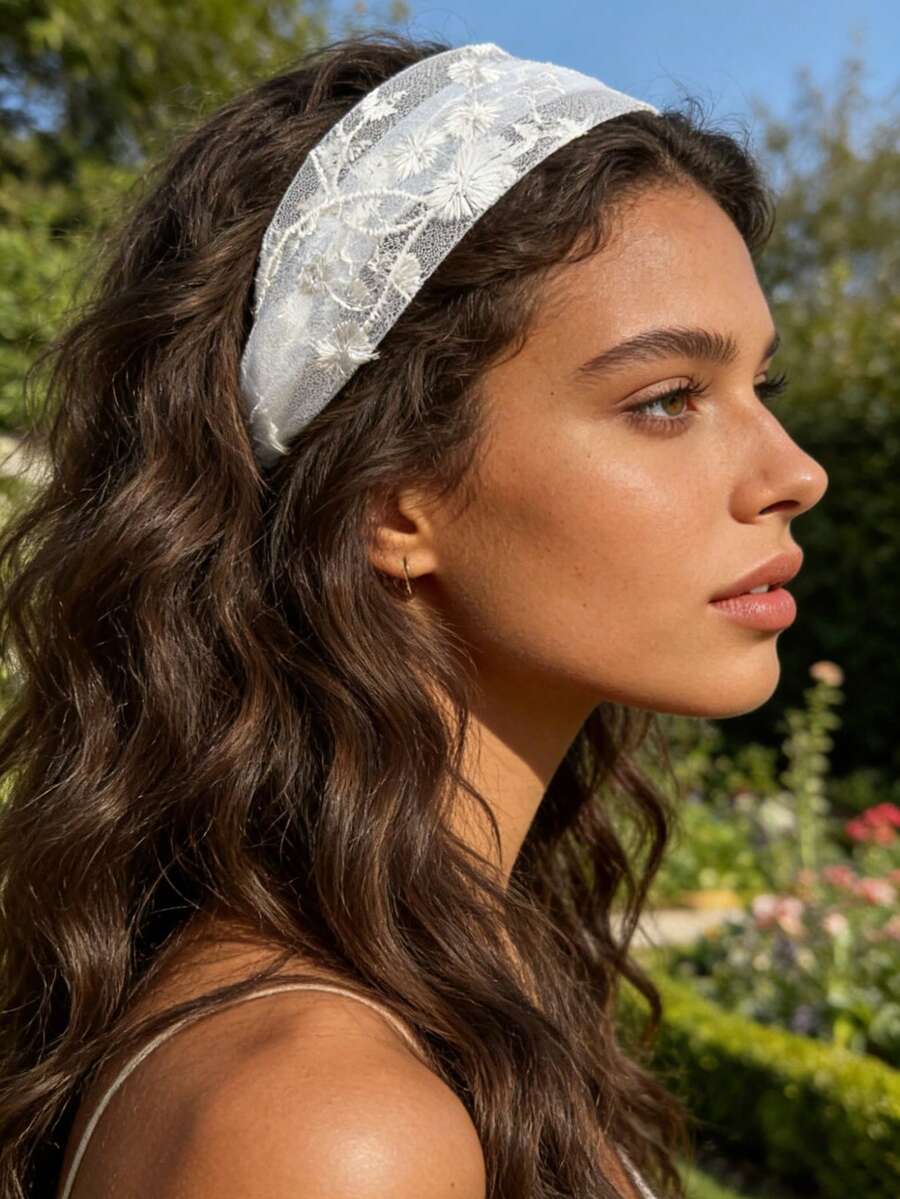 1件装时尚百搭白色花朵网纱发带 - 白色 - 查看 1