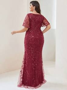 EVERPRETTY Đầm dạ hội dáng đuôi cá sang trọng bằng vải lưới đính hoa và sequin dành cho nữ cỡ lớn, thích hợp cho các buổi tiệc trang trọng, màu đỏ rượu vang, kiểu đuôi cá, phù hợp cho khách dự đám cưới, các dịp trang trọng, Ngày Valentine, Ngày của Mẹ, mùa xuân. - Màu Đỏ Sâu - Xem 5