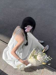 Women's Elegant Striped Deep V-Neck Camisole Top And Mini Skirt 2-Piece Set, Backless Casual Dress Outfit - Blue and White - View 3