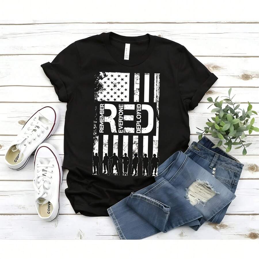 Women's "RED Remember Everyone Deployed" Patriotic Military Support Graphic Crew Neck T-Shirt, Casual Short Sleeve Tee - 黑色 - 查看 1