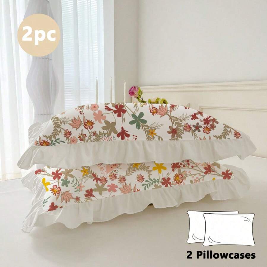 2pcs Set Floral Ruffle Trim Solid Color Pillowcase, Breathable Soft Skin-Friendly Washable, Minimalist Sweet Princess Style Pillowcase (Pillow Insert Not Included), Suitable For Dorm, Bedroom, Hotel - Multicolor - View 1