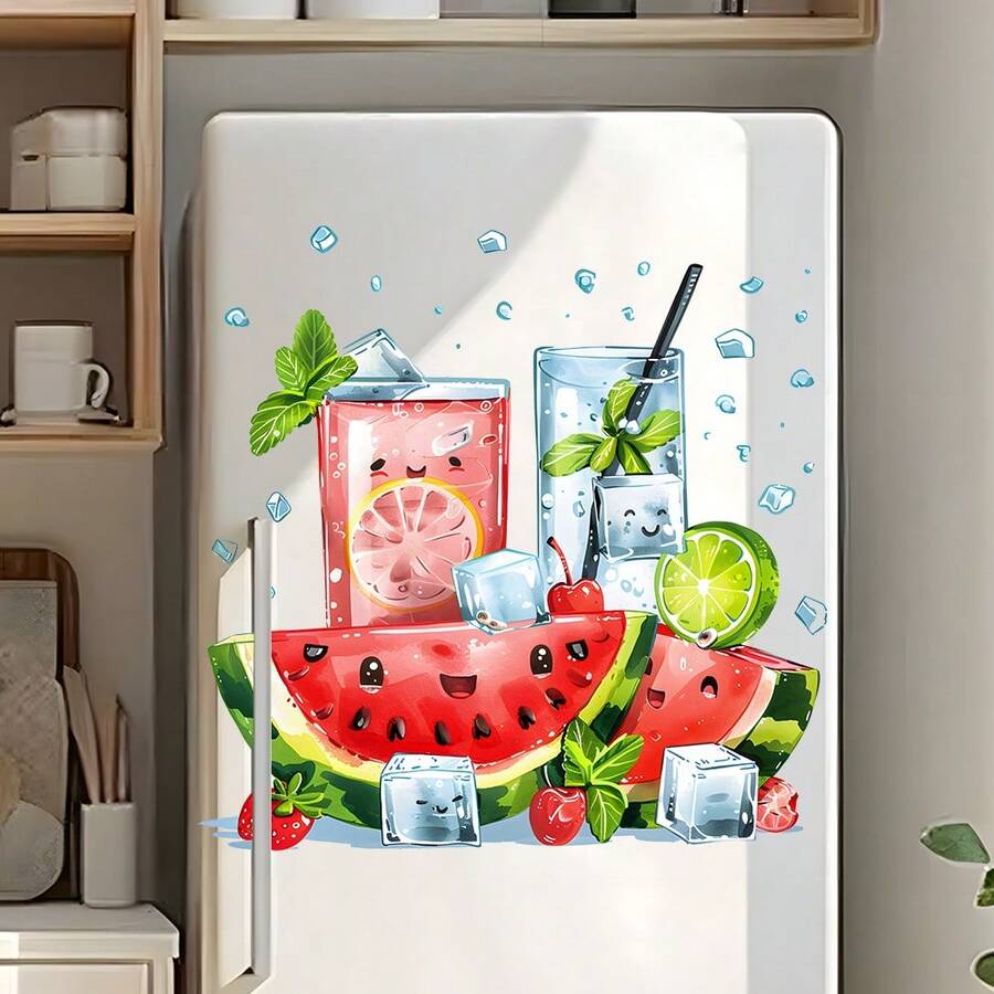 1个可爱卡通西瓜和冰饮冰箱贴,防水可移除夏季水果冰箱贴,趣味厨房装饰(适用于冰箱和墙壁) - 均碼 - 查看 1