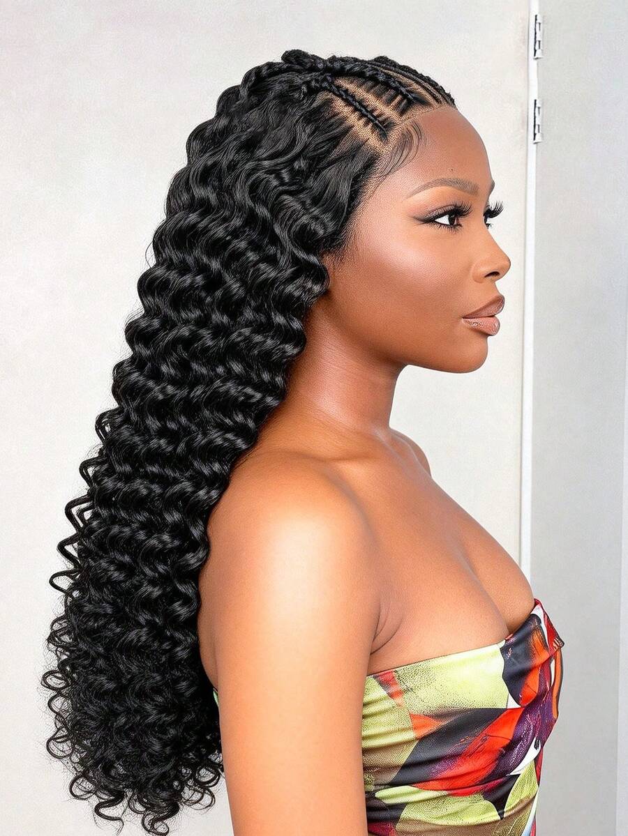 24英寸波浪卷蕾丝前假发，女士款 - 自然卷曲合成发际线，预先拔毛的13x6蕾丝，耐热纤维，适合日常佩戴 | 波浪卷 | 蕾丝前假发，合成蕾丝前假发